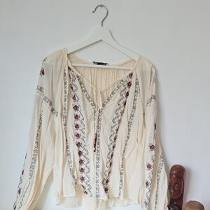 Zara Cream Blouse with Red and Black Embroidery